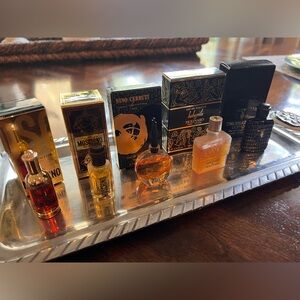 5 Designer miniature black and gold Perfume bottles with boxes